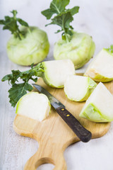 Chopped kohlrabi on chopping board
