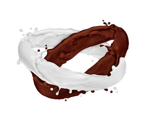 Chocolate and milk splashes in motion, isolated on white background