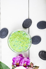 Spa treatments on wooden table.