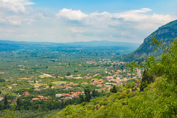 View to the valley from old byzantine medieval town Mystras, Peloponesse, Greece