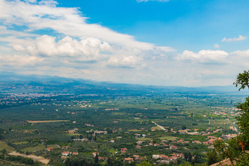 View to the valley from old byzantine medieval town Mystras, Peloponesse, Greece