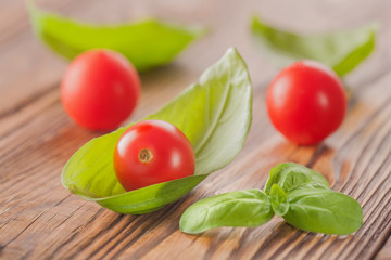 cherry tomato with basil on a wooden background