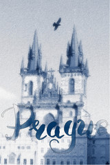 Naklejka premium Prague word. Lettering. Font of The Church of Mother of God in front of Tyn. The Old Town of Prague.