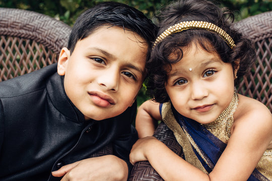 Portrait of sister and brother in traditional Indian clothing