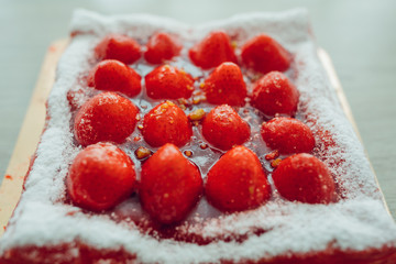 strawberry cake, closeup view