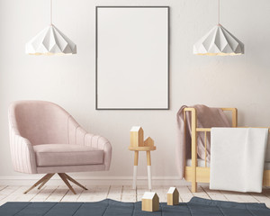 Mock up poster in the children's room. Children's room in Scandinavian style. 3d illustration.