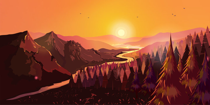 Sunrise in beautiful mountains with river and forest. Vector illustration for your design