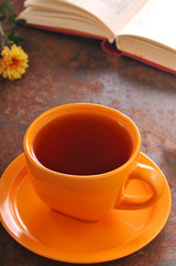 Autumn still life cup of tea on the table