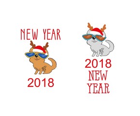 Funny holiday background. Bright Christmas card. illustration Dog in Santa hats