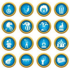 Circus entertainment icons blue circle set