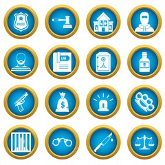 Crime and punishment icons blue circle set