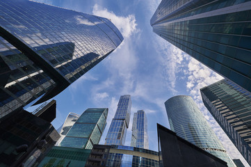 Fototapeta na wymiar View on Moscow biggest business center Moscow City skyscrapers towers. Skyscrapers office buildings, luxury apartments. Moscow city buildings wide angle panorama. Modern european russian architecture