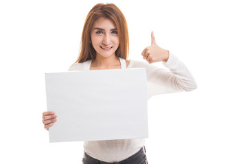Naklejka premium Young Asian woman show thumbs up with white blank sign.