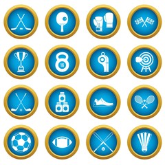 Sport equipment icons blue circle set