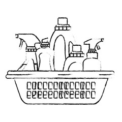 monochrome blurred silhouette of cleaning products in plastic basket