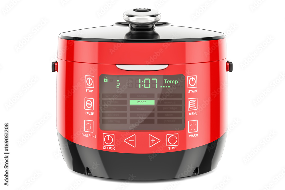 Poster red automatic multicooker, 3d rendering