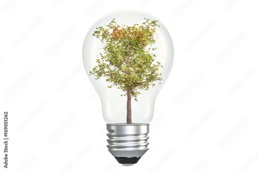 Poster tree inside light bulb, ecological concept. 3d rendering