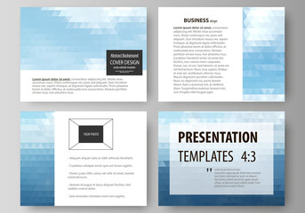 Presentation slide templates. Easy editable abstract vector layouts in flat design. Colorful background, triangular texture, travel business, natural landscape, polygonal style.