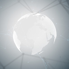 Abstract futuristic network shapes. High tech HUD background, connecting lines and dots, polygonal linear texture. World globe on gray. Global network connections, geometric design, dig data concept.