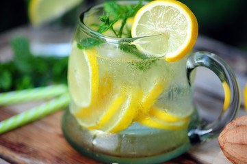 Cold summer drinks in the garden, cold lemonade with lemon and mint