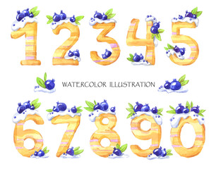 Watercolor illustration of numbers from zero to nine. Sweet tasty mathematical symbols. Set of decorative cake with berries. Baby kit.