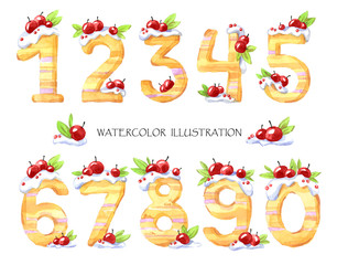 Watercolor illustration of numbers from zero to nine. Sweet tasty mathematical symbols. Set of decorative cake with berries. Baby kit.