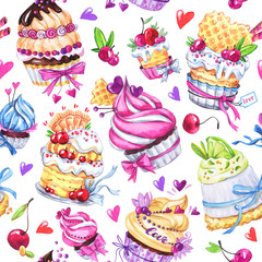 Watercolor seamless pattern with tasty desserts, cakes and berries. Colorful summer background. Original hand drawn illustration. Lovely sweet collection.
