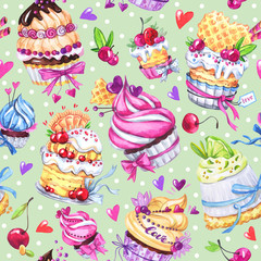 Watercolor seamless pattern with tasty desserts, cakes and berries. Colorful summer background. Original hand drawn illustration. Lovely sweet collection.