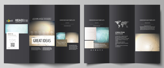 The black colored minimalistic vector illustration of the editable layout of two creative tri-fold brochure covers design templates. Chemistry pattern with molecule structure. Medical DNA research.