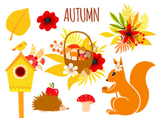 Autumn set with birdhouse, hedgehog, flowers and basket with mushrooms and leaves