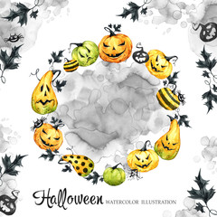 Hand drawn round frame with watercolor pumpkins and leaves. Halloween holiday illustration. Funny food. Magic, symbol of horror. Baby background. Can be use in holidays design, poster.