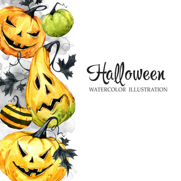 Hand drawn vertical banner with watercolor pumpkins and leaves. Halloween holiday illustration. Funny food. Magic, symbol of horror. Baby background. Can be use in holidays design, poster.
