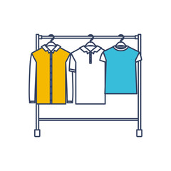 color blue and yellow sections silhouette of male clothes rack with shirts short and long sleeves