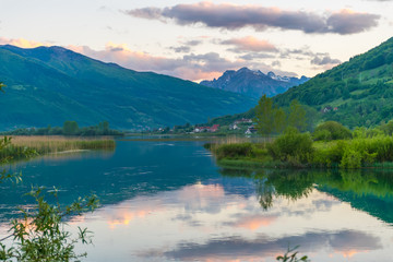Picturesque Lake Plav in the mountains of Montenegro.