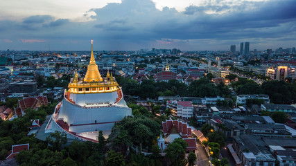 Naklejka premium 'Golden Mountain ' Wat Saket Ratcha Wora Maha Wihan popular Bangkok tourist attraction , Landmarks of bangkok Thailand . top view