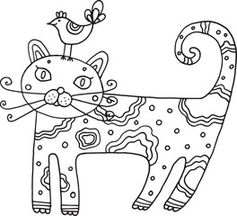 Kid's drawn cat with bird. Isolated vector line art for children's coloring book. Illustration for coloring