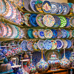 Turkish ceramics on sale at the Grand Bazaar in Istanbul, Turkey. Traditional Turkish ceramics