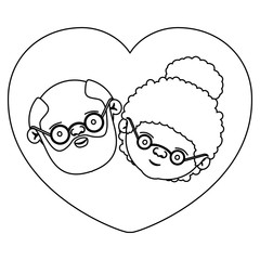 silhouette heart shape greeting card with caricature face of bearded grandfather with glasses and grandmother with bun hair