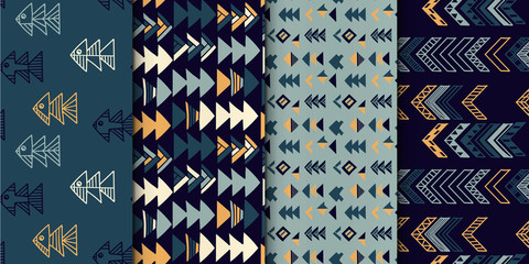 Abstract geometric seamless hand drawn pattern set with tribal motifs. Modern textures. Colorful free hand backgrounds.