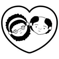 black thick contour of heart shape greeting card with caricature face of grandmother with curly hair and bald grandfather
