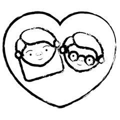 blurred thick contour of heart shape greeting card with caricature face of grandfather with glasses and grandmother with straight medium hair