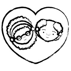 blurred thick contour of heart shape greeting card with caricature face of grandmother with curly hair and bald grandfather