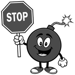 Bomb Mascot with Stop Sign Illustration
