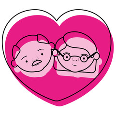 watercolor pink silhouette of heart shape greeting card with caricature face of bald grandfather with moustache and grandmother with short hair with glasses