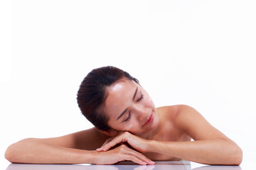 Close up, Beautiful Asian woman sleeps after cleansing her skin and skin care. Skin care and spa concept.