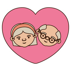 color pink heart shape greeting card with caricature face of bald grandfather with glasses and grandmother with straight short hair