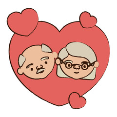 color heart shape greeting card decorative with caricature face of bald grandfather with moustache and grandmother with short hair with glasses