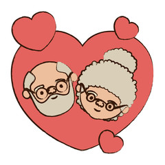 color heart shape greeting card decorative with caricature face of bearded grandfather with glasses and grandmother with bun hair