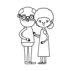 sketch silhouette full body couple elderly of bald grandfather with glassses and beard with grandmother with curly bun hair in dress