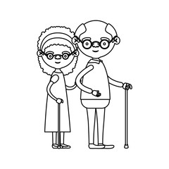 sketch silhouette full body couple elderly of grandmother with curly hair in dress and bald grandfather with glasses in walking stick
